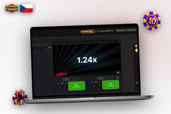 Demo režim Aviator v Beep Beep Casino – notebook s herním rozhraním bez rizika ztráty peněz