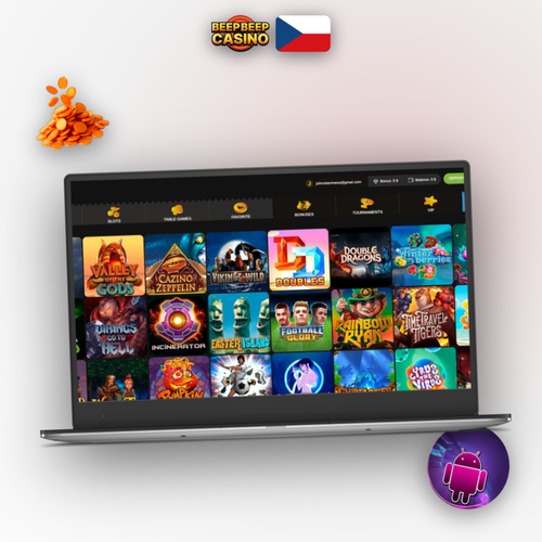 Beep Beep Casino na počítači – notebook s herní lobby ve žluto-černém designu značky