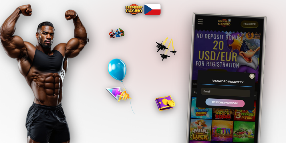 Registrační formulář Beep Beep Casino s promo kódem DUCK250 a maskotkou ukazující na tlačítko