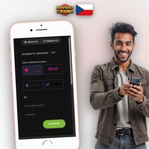 Beep Beep Casino výběr peněz – stylizovaná pokladna s peněženkou a mincemi v EUR